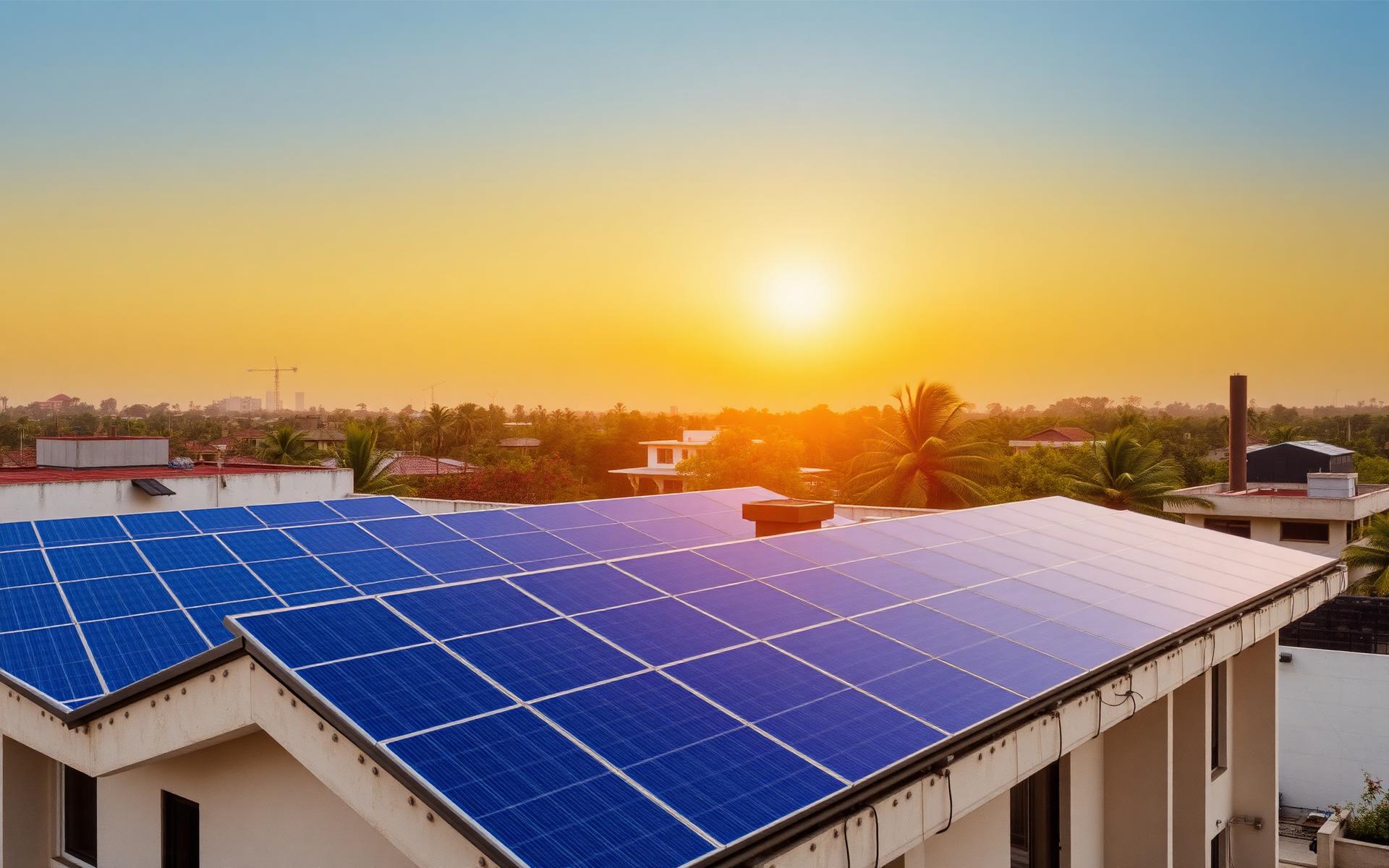 Rooftop solar panels at sunrise